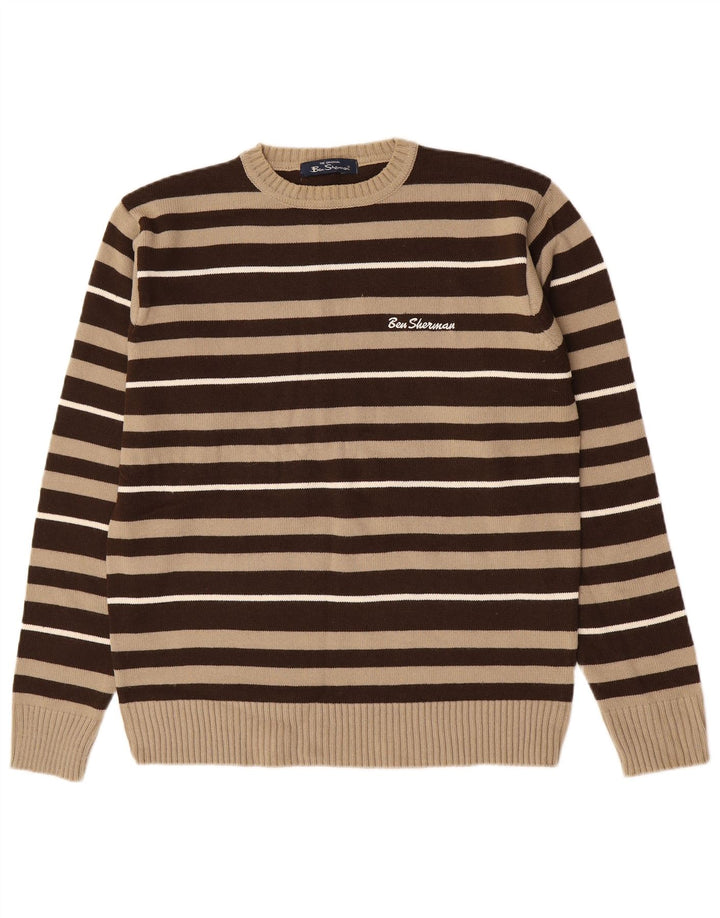 Suéter masculino Ben Sherman com gola redonda e acrílico listrado marrom médio