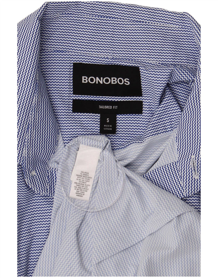 BONOBOS Camisa masculina de manga curta com ajuste personalizado, pequena risca de giz azul de nylon