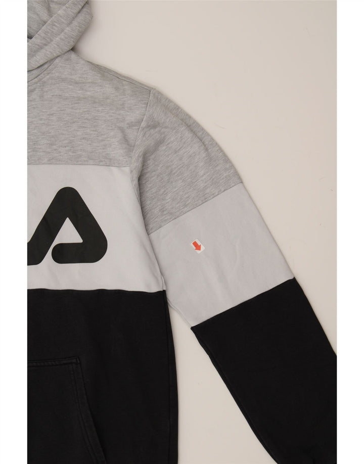 FILA Mens Graphic Hoodie Jumper Small Grey Colourblock Cotton Vintage Fila and Second-Hand Fila from Messina Hembry 