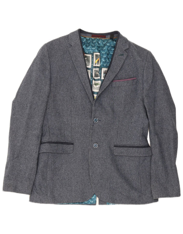 Jaqueta blazer masculina de 2 botões Ted Baker tamanho 4 grande espinha de peixe azul marinho