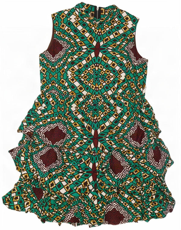 Vestido feminino vintage sem mangas em camadas Reino Unido 14 grande verde geométrico
