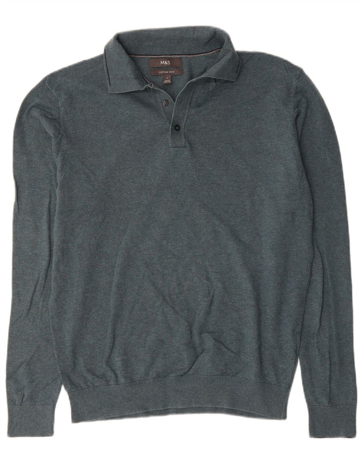 Suéter masculino Marks & Spencer com gola polo e algodão verde médio