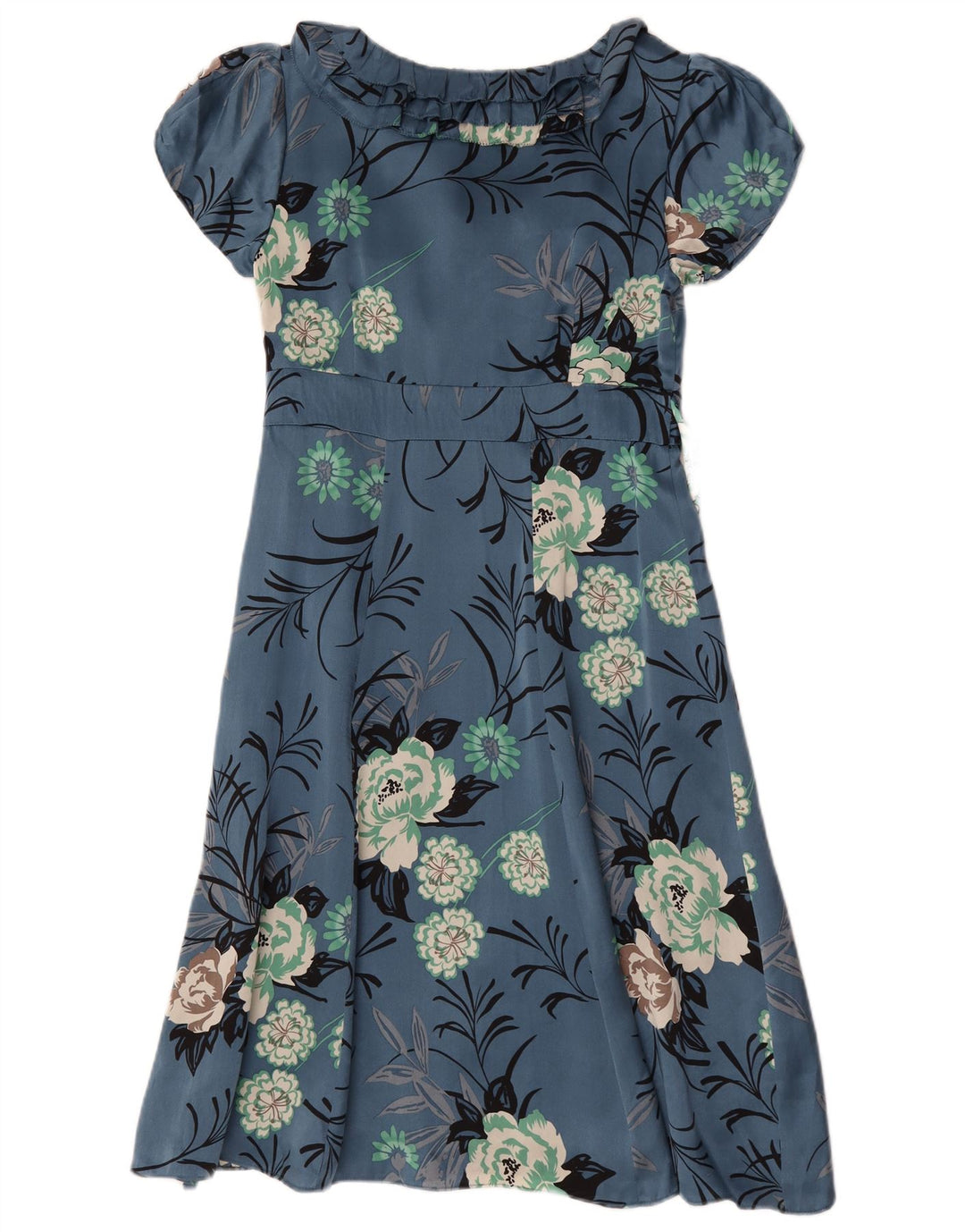 Vestido feminino Monsoon com babados na frente evasê UK 12 seda floral azul médio