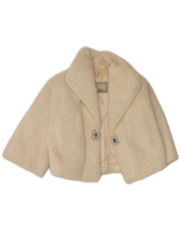 Jaqueta Bolero feminina vintage de manga curta de pele sintética Reino Unido 14 branco médio