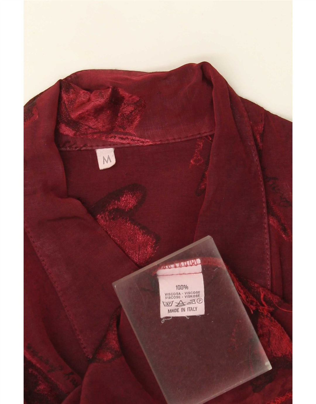 Blusa feminina vintage com estampa abstrata Reino Unido 14 viscose média Borgonha