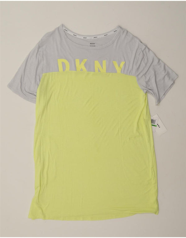 Vestido camiseta feminino Dkny com estampa gráfica Reino Unido 16 grande rayon amarelo colorido