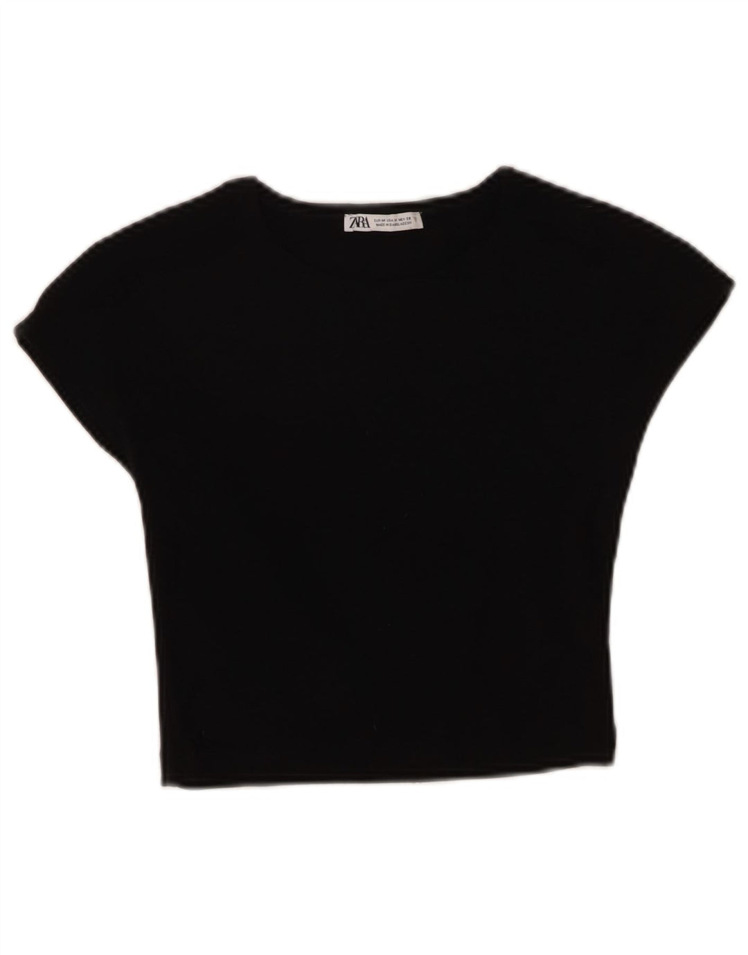 Zara Womens Crop T-Shirt Top UK 12 Médio Algodão Preto