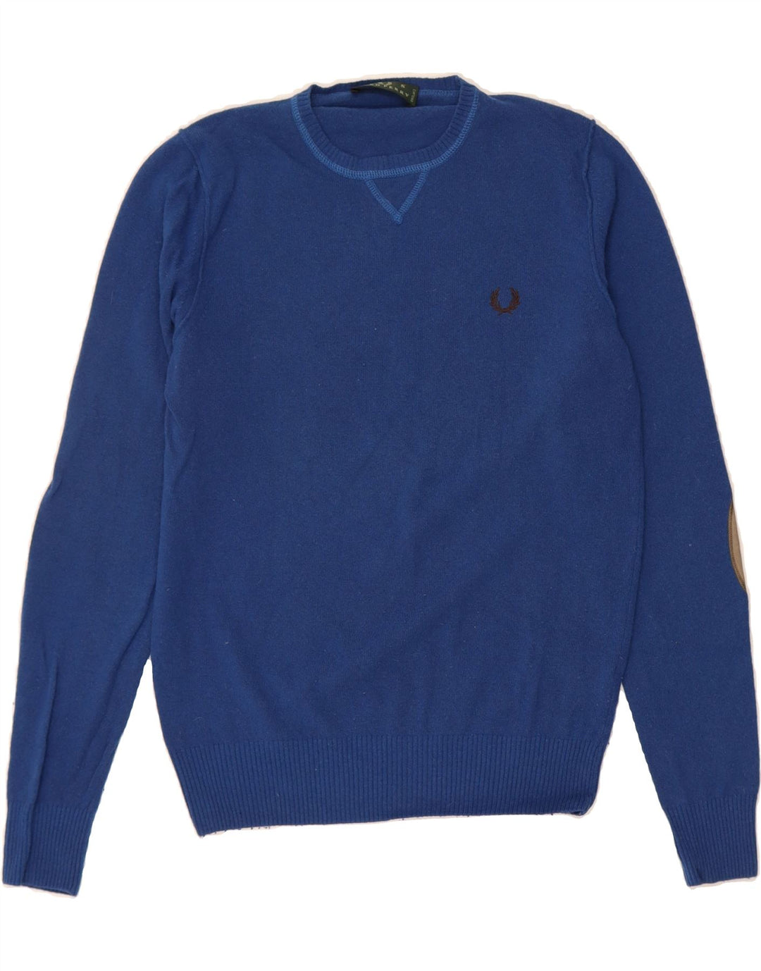 FRED PERRY Mens Crew Neck Jumper Sweater Small Blue Colourblock Wool Vintage Fred Perry and Second-Hand Fred Perry from Messina Hembry 