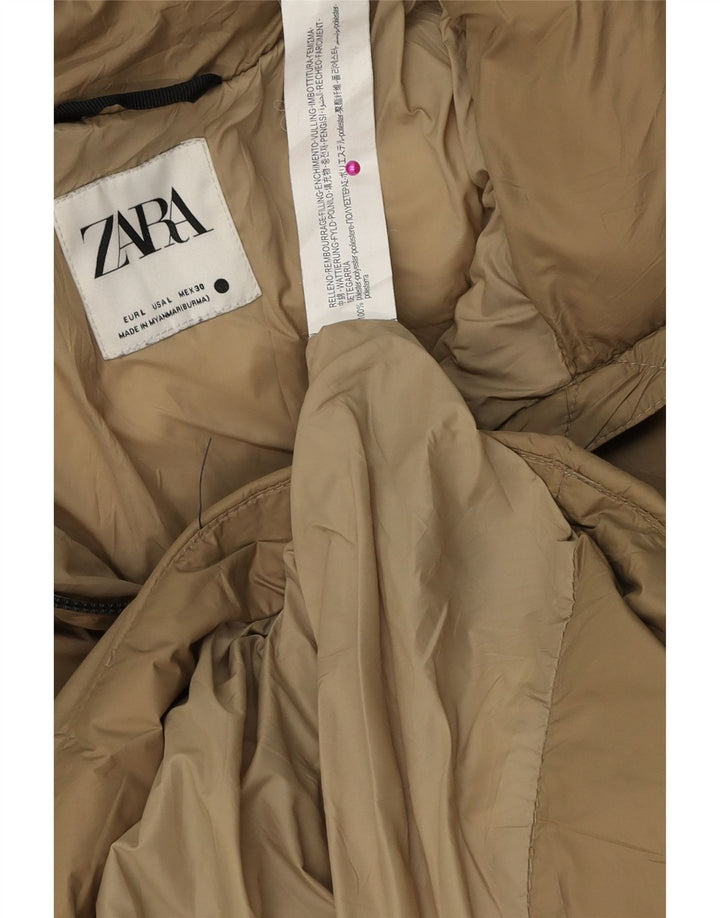 Jaqueta acolchoada com capuz grande Zara para mulher UK 16 grande poliéster bege