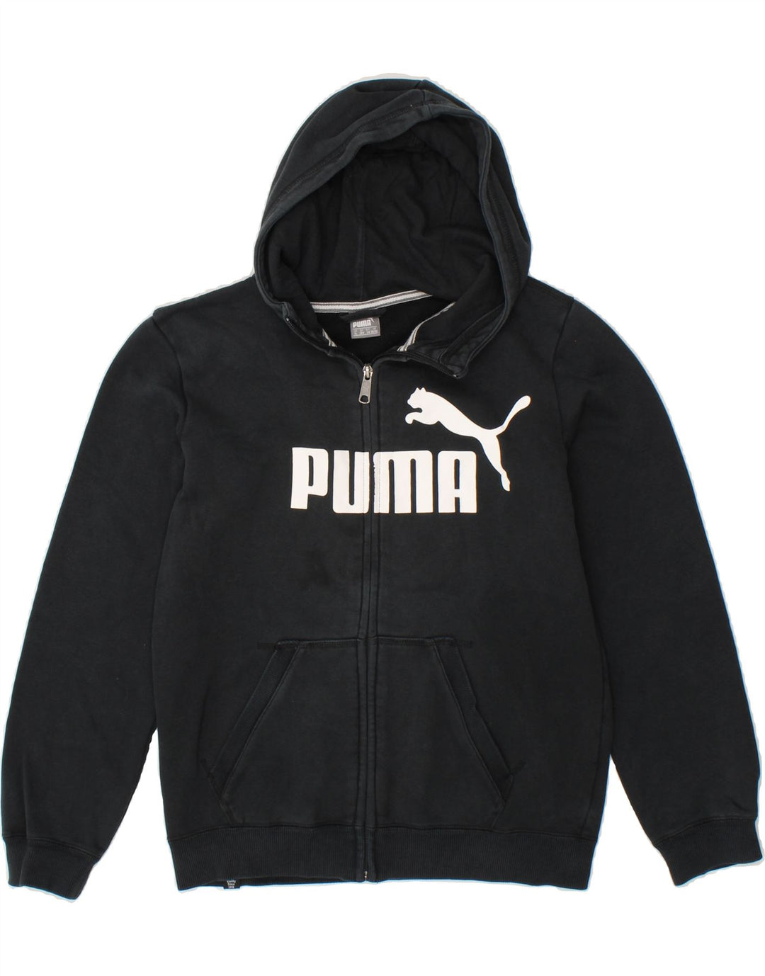 PUMA Boys Graphic Zip Hoodie Sweater 13-14 Years XL Black Cotton Vintage Puma and Second-Hand Puma from Messina Hembry 