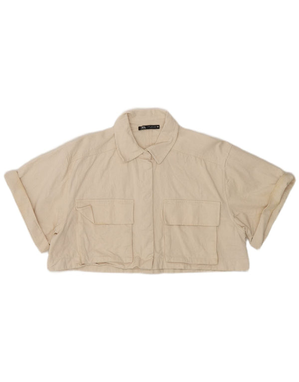 Zara Camisa feminina manga curta UK 14 algodão bege médio