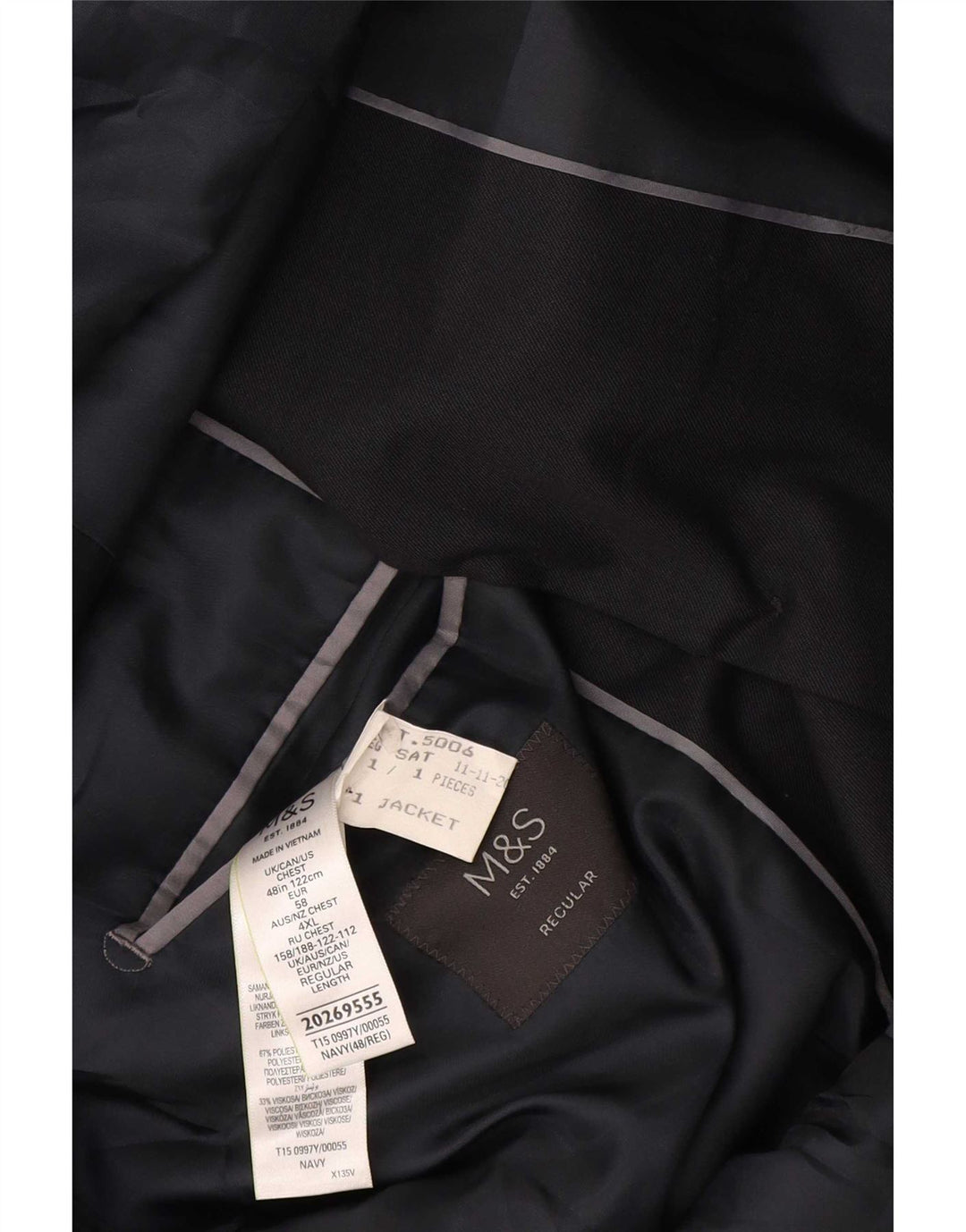 Jaqueta blazer masculina de 2 botões Marks & Spencer Reino Unido 48 4XL azul marinho poliéster