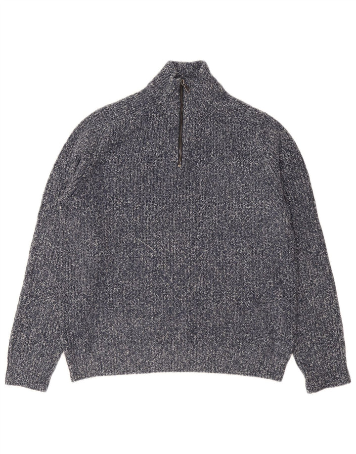 Suéter masculino Marks & Spencer com zíper e gola em acrílico manchado azul médio