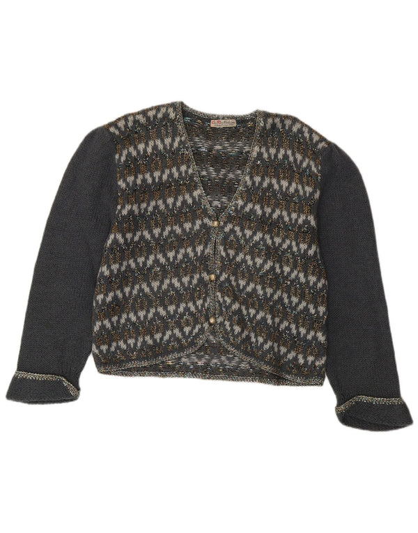 Suéter cardigã feminino vintage Reino Unido 14 mohair geométrico cinza médio