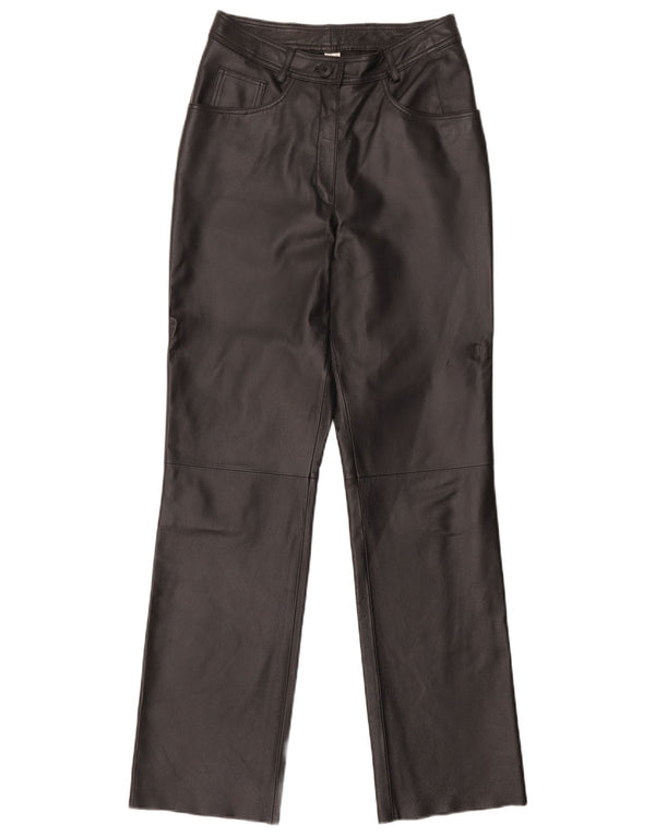 Calça feminina de couro reta vintage UK 12 média W30 L32 preta