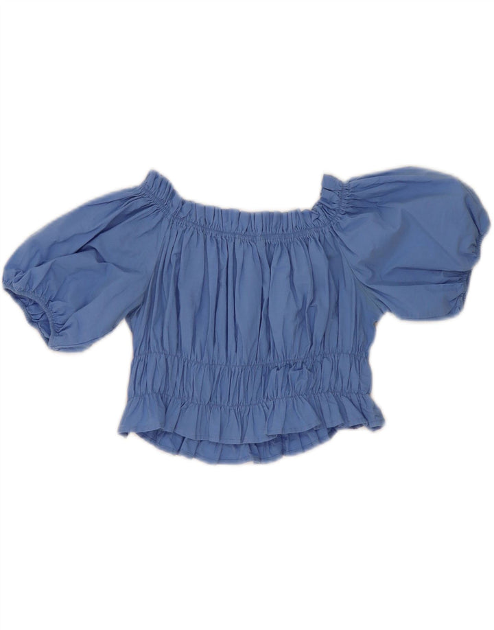 ZARA Womens Off Shoulder Crop Blouse Top UK 6 XS Blue Cotton Vintage Zara and Second-Hand Zara from Messina Hembry 