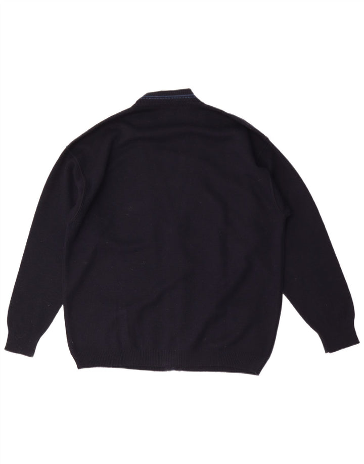Suéter cardigã gráfico masculino vintage XL lã azul marinho