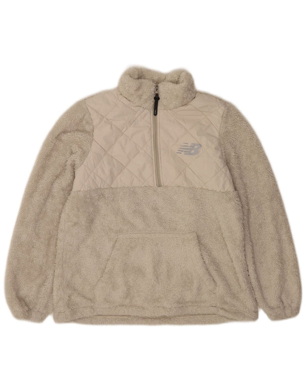 Jumper de lã feminino New Balance com zíper e gola UK 16 grande poliéster bege