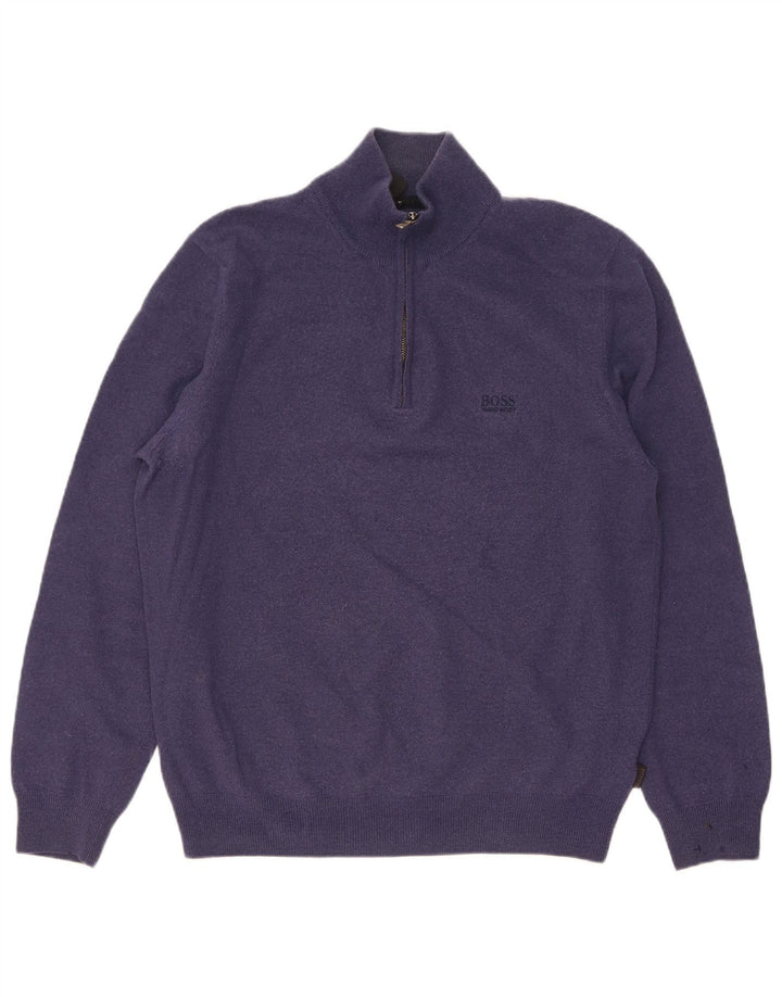 Suéter masculino Hugo Boss com zíper e gola grande em lã virgem azul marinho
