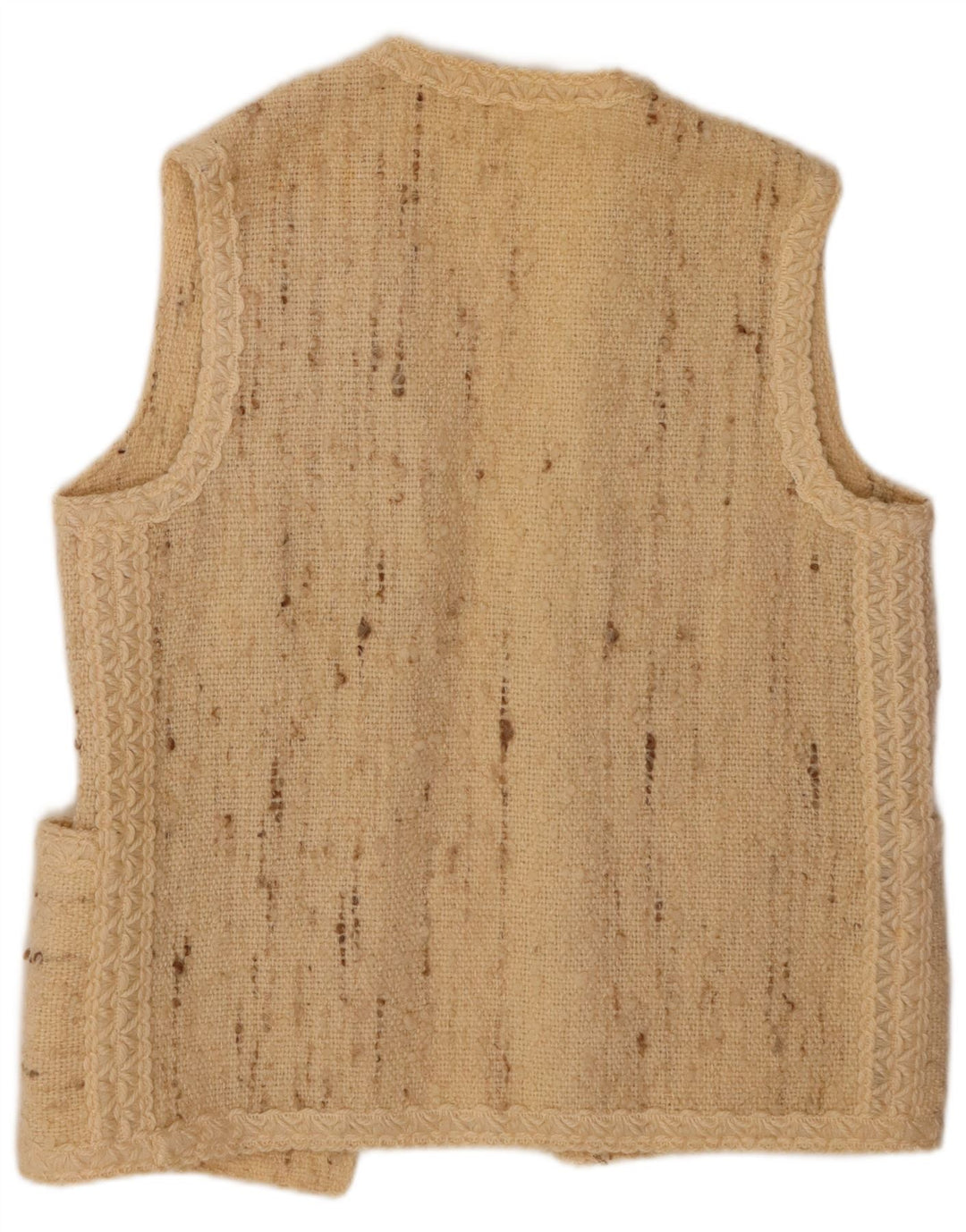 Suéter cardigã feminino aberto sem mangas VINTAGE Reino Unido 16 grande bege manchado
