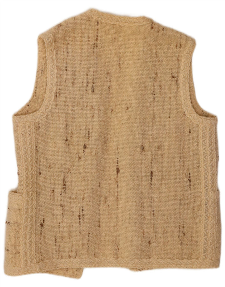 Suéter cardigã feminino aberto sem mangas VINTAGE Reino Unido 16 grande bege manchado