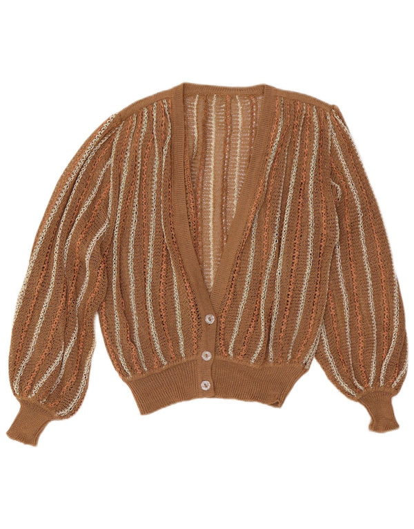 Suéter Cardigan Feminino Vintage Reino Unido 16 Grande Listrado Marrom