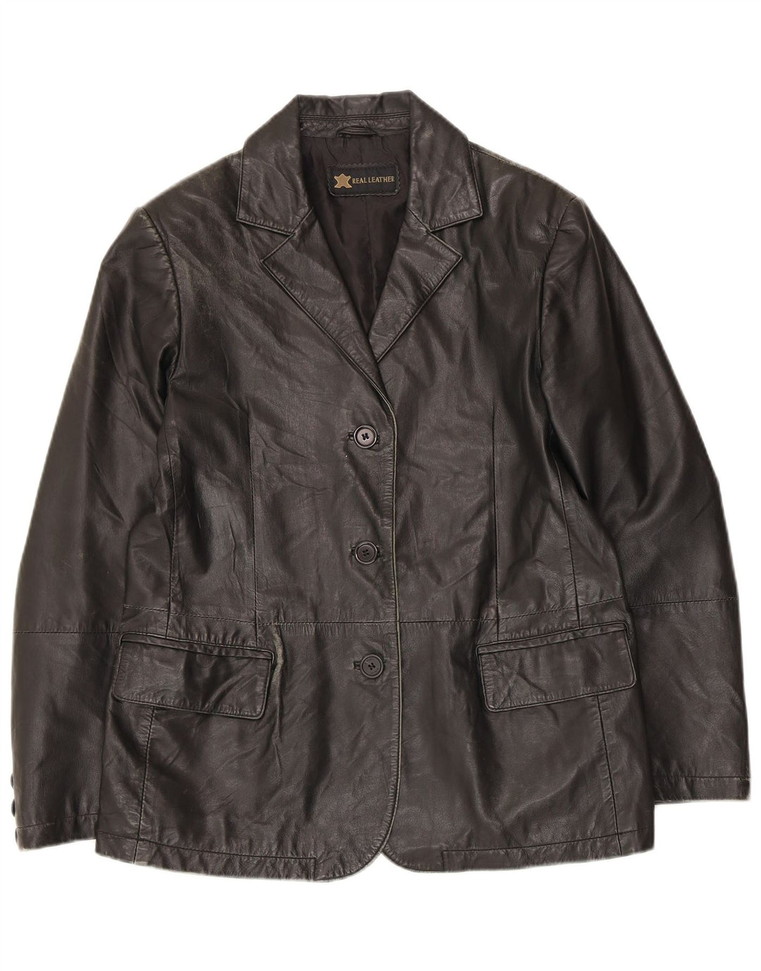 Jaqueta blazer feminina vintage de couro com 3 botões Reino Unido 14 couro preto médio