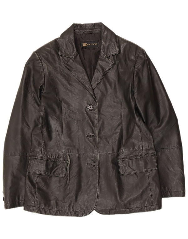 Jaqueta blazer feminina vintage de couro com 3 botões Reino Unido 14 couro preto médio