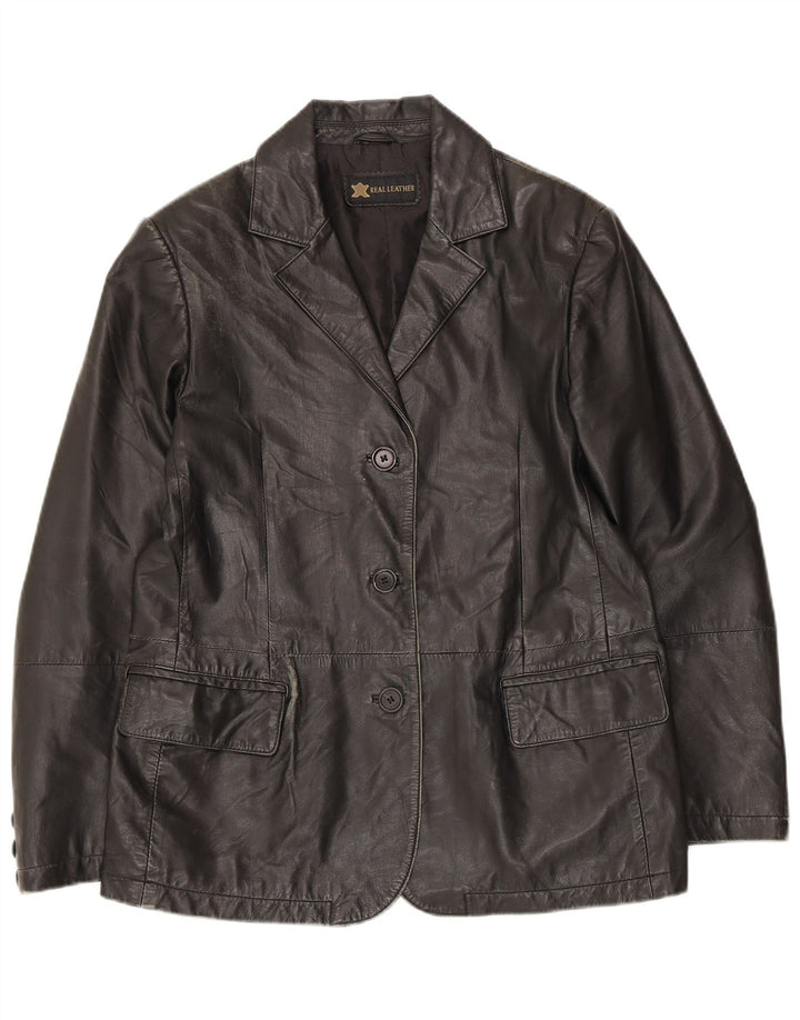 Jaqueta blazer feminina vintage de couro com 3 botões Reino Unido 14 couro preto médio
