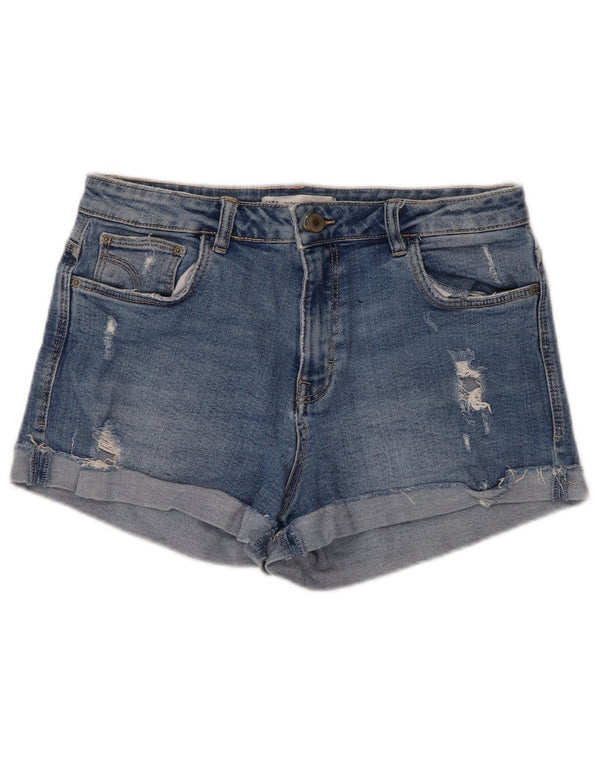Zara Shorts jeans feminino Trafaluc desgastado UE 40 médio W30 algodão azul
