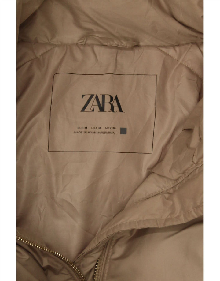 Jaqueta acolchoada com capuz feminino ZARA UK 14 poliéster bege médio