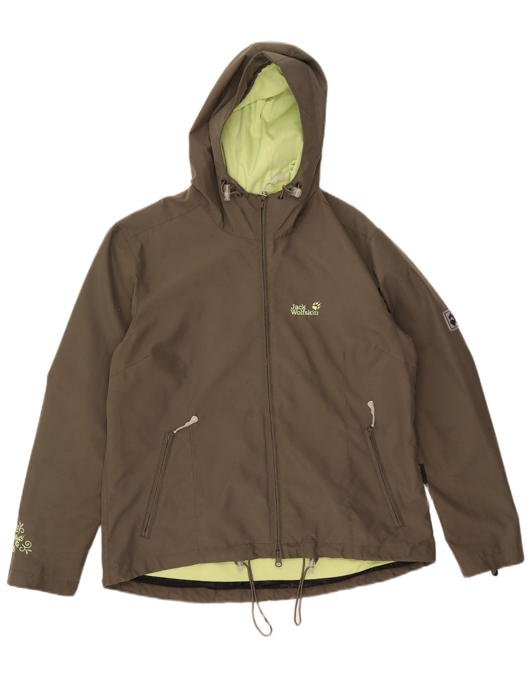 Jaqueta de chuva feminina com capuz Jack Wolfskin Reino Unido 14/16 grande poliéster cáqui