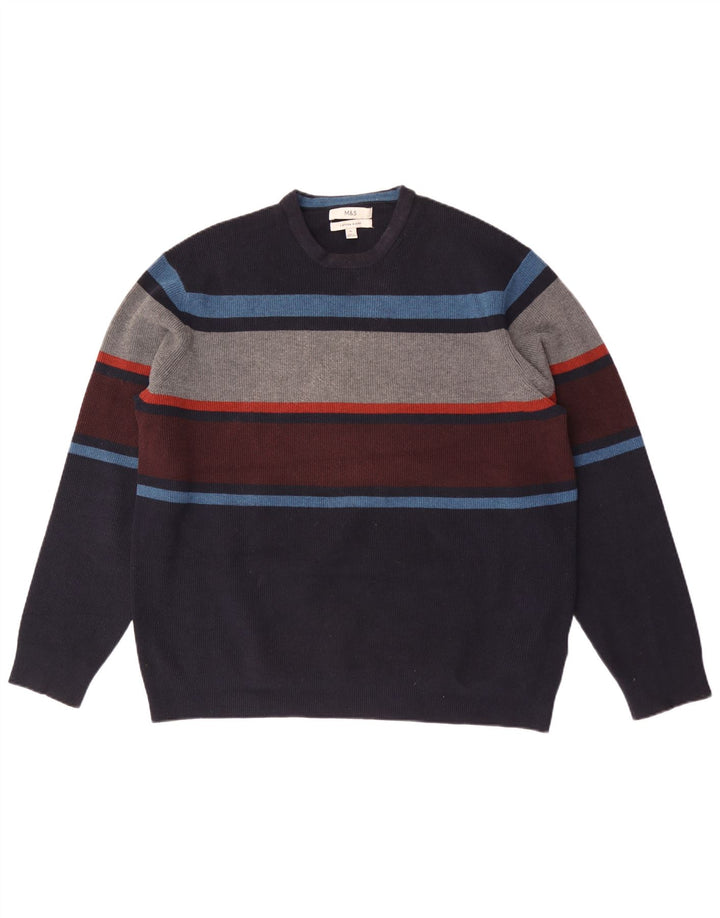 Suéter masculino Marks & Spencer com gola redonda XL listrado azul marinho