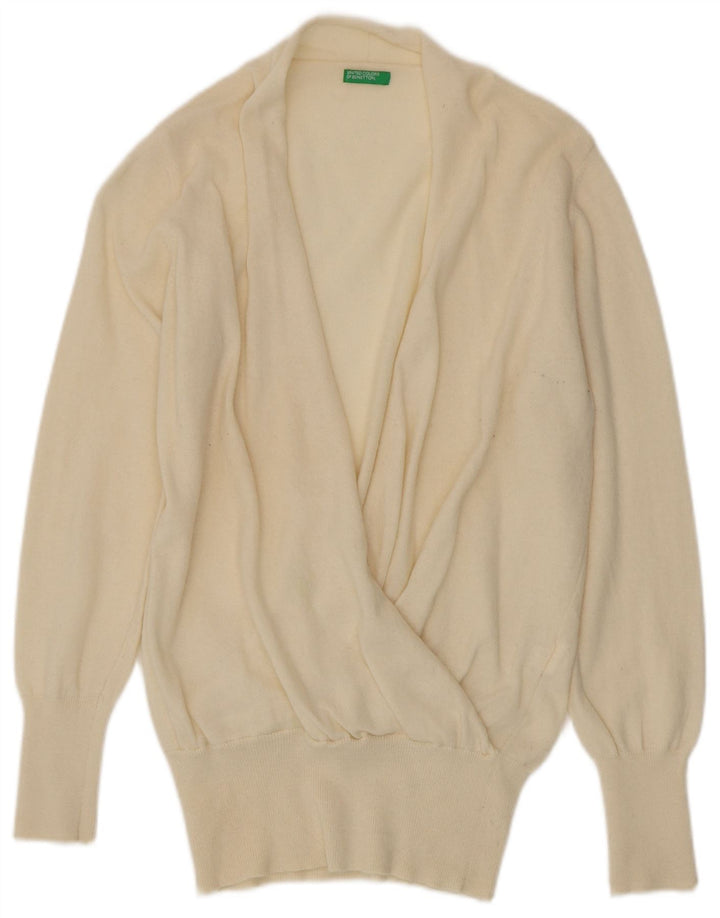 Suéter feminino BENETTON com decote em V Reino Unido 16 grande lã off white