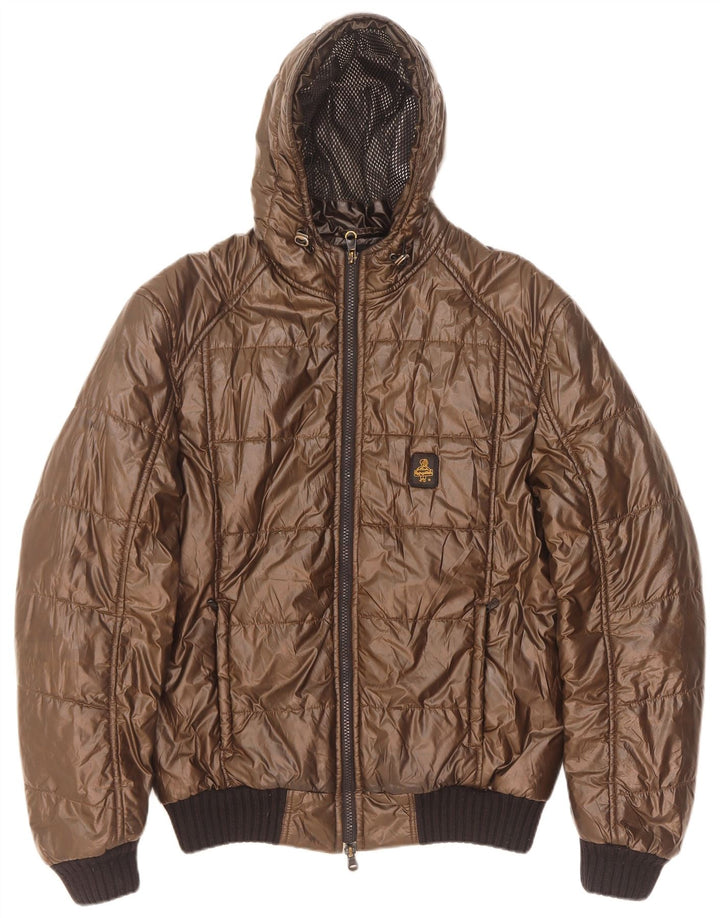 Jaqueta masculina Refrigiwear Sixty acolchoada com capuz Reino Unido 38 poliéster marrom médio