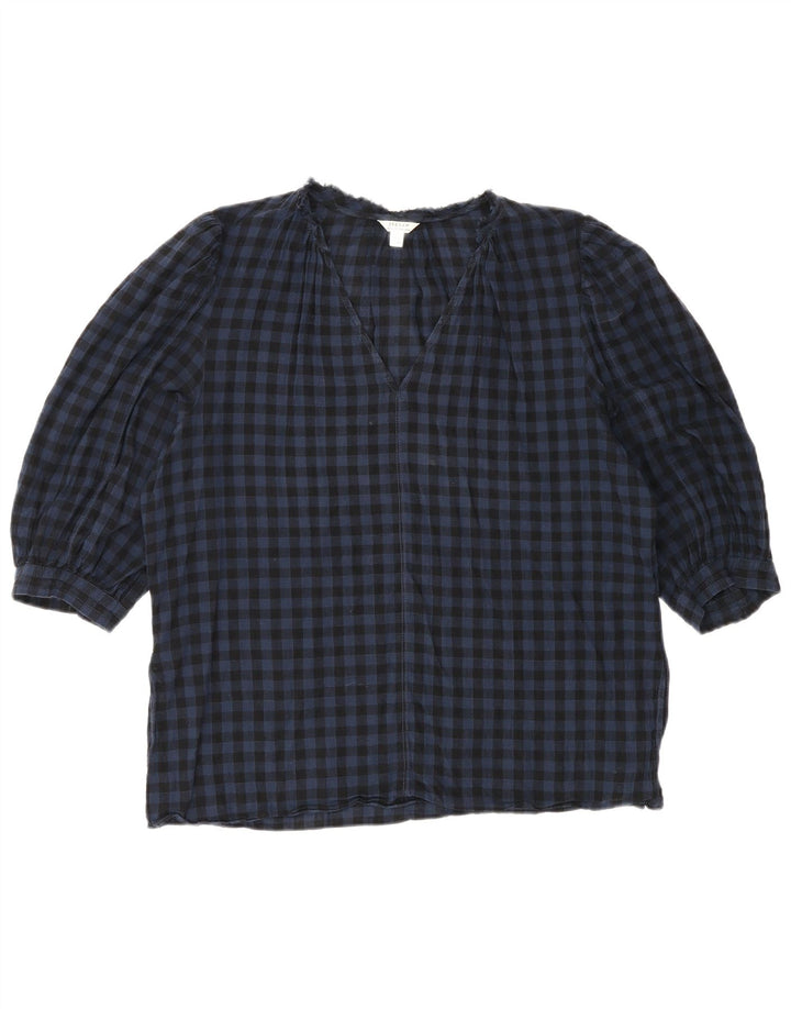 Blusa feminina Jigsaw manga 3/4 Reino Unido 12 algodão guingão azul médio