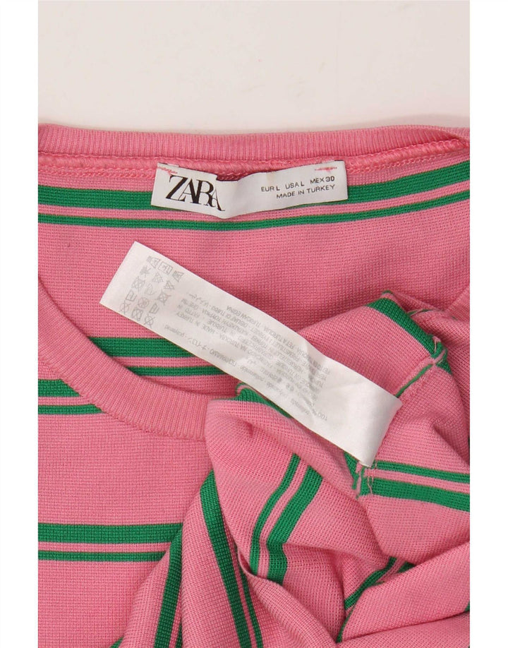 Zara Top curto feminino manga comprida Reino Unido 14 grande listrado rosa poliamida