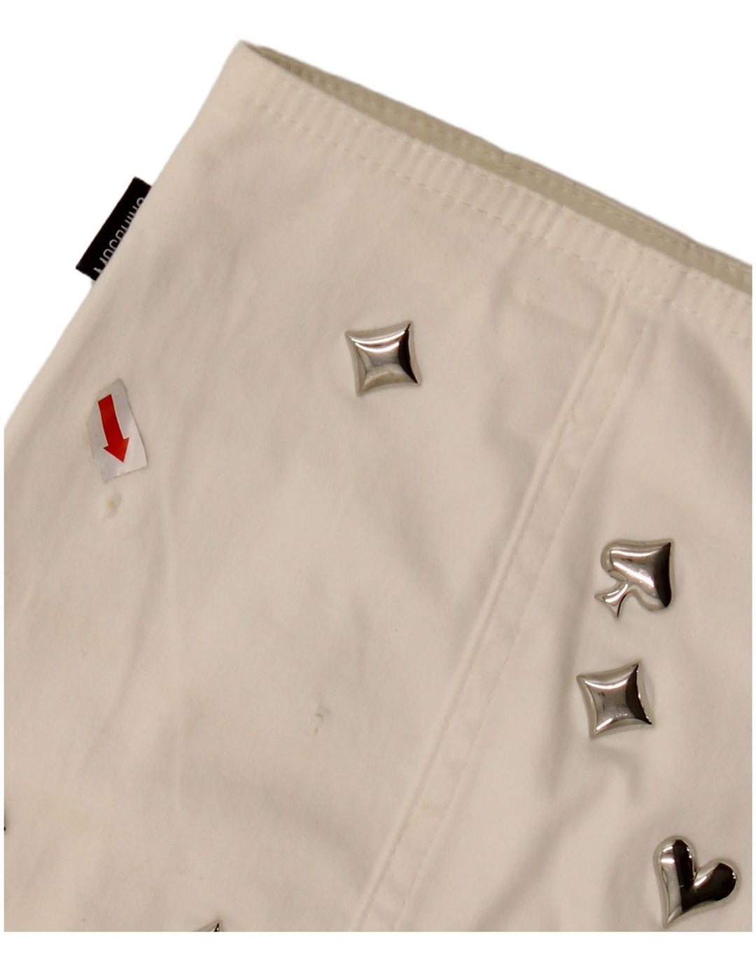 Saia feminina MOSCHINO cintura alta evasê Reino Unido 14 W30 L23 algodão branco