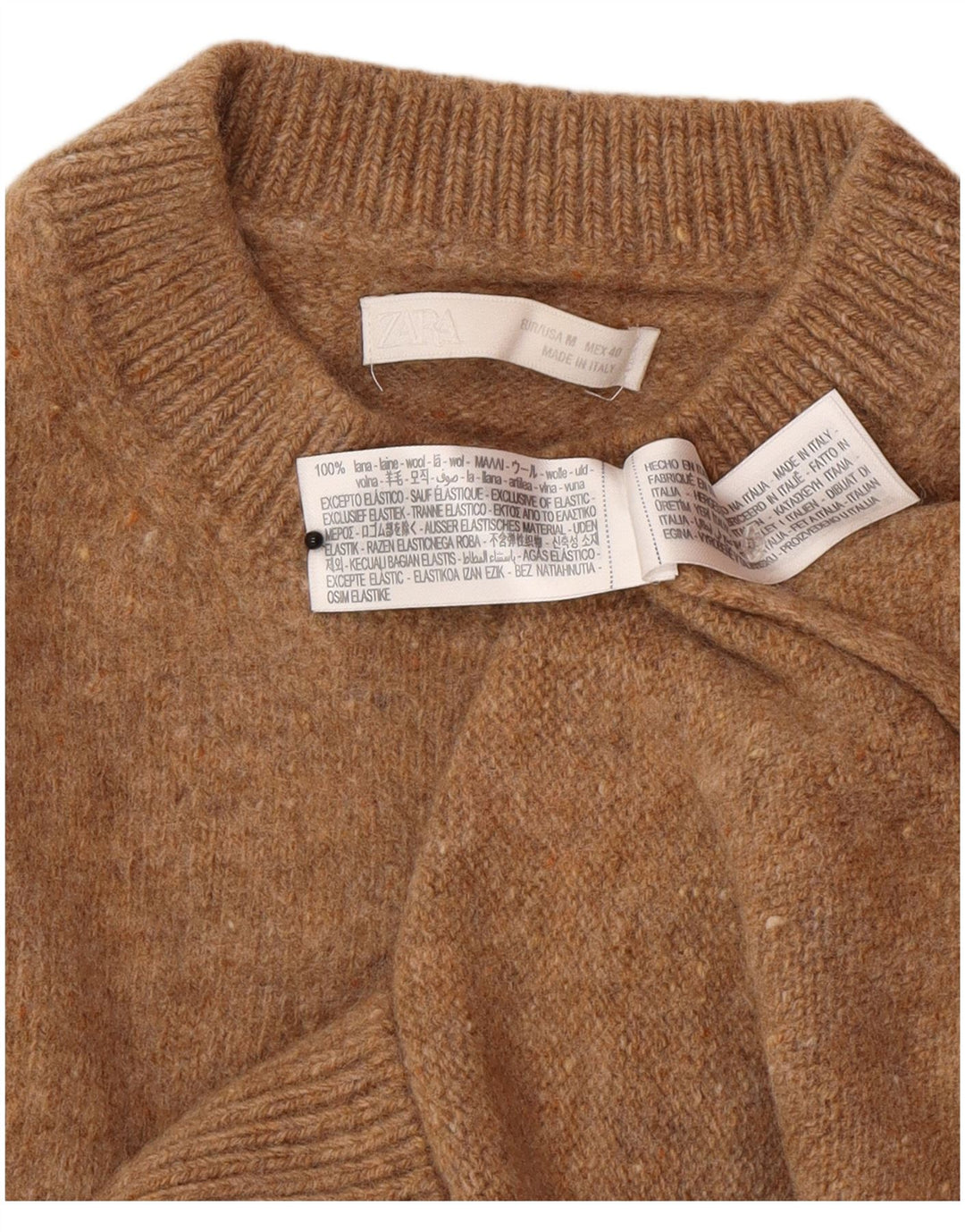 Suéter feminino Zara com gola redonda, Reino Unido 12 lã marrom médio