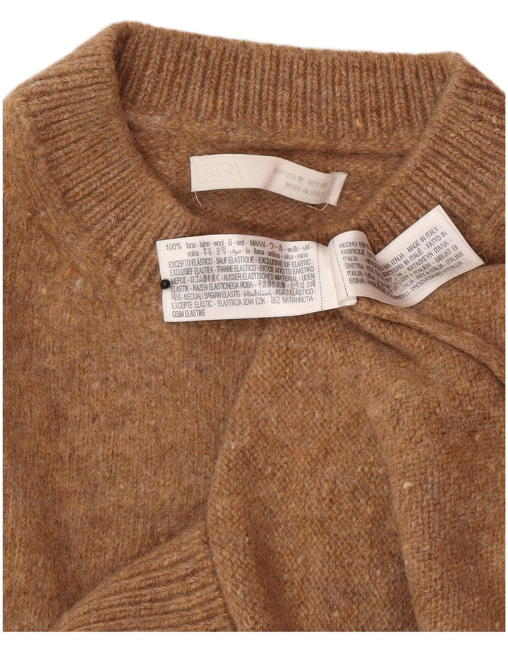 Suéter feminino Zara com gola redonda, Reino Unido 12 lã marrom médio