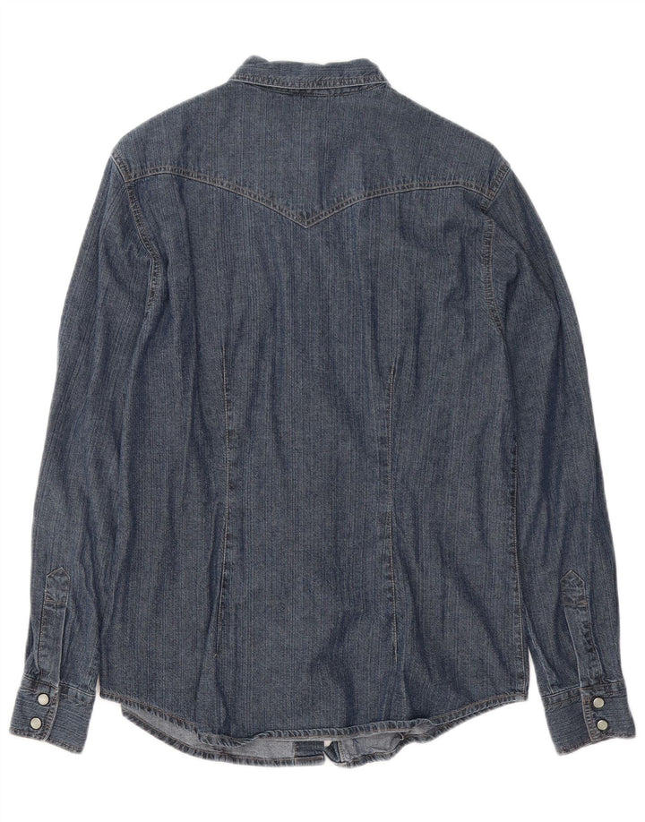 Camisa jeans feminina BENETTON Reino Unido 14 algodão azul marinho médio