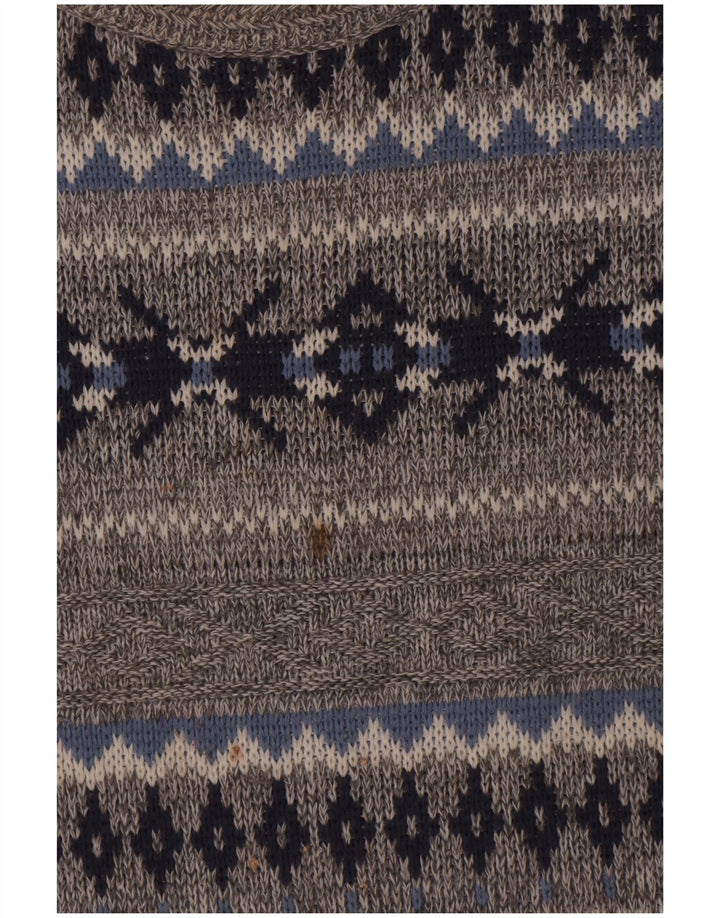 Suéter masculino vintage com gola redonda grande cinza Fair Isle
