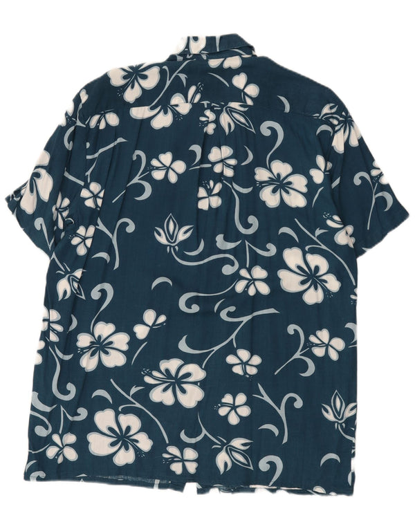 Camisa masculina vintage de manga curta solta e rayon floral azul pequeno
