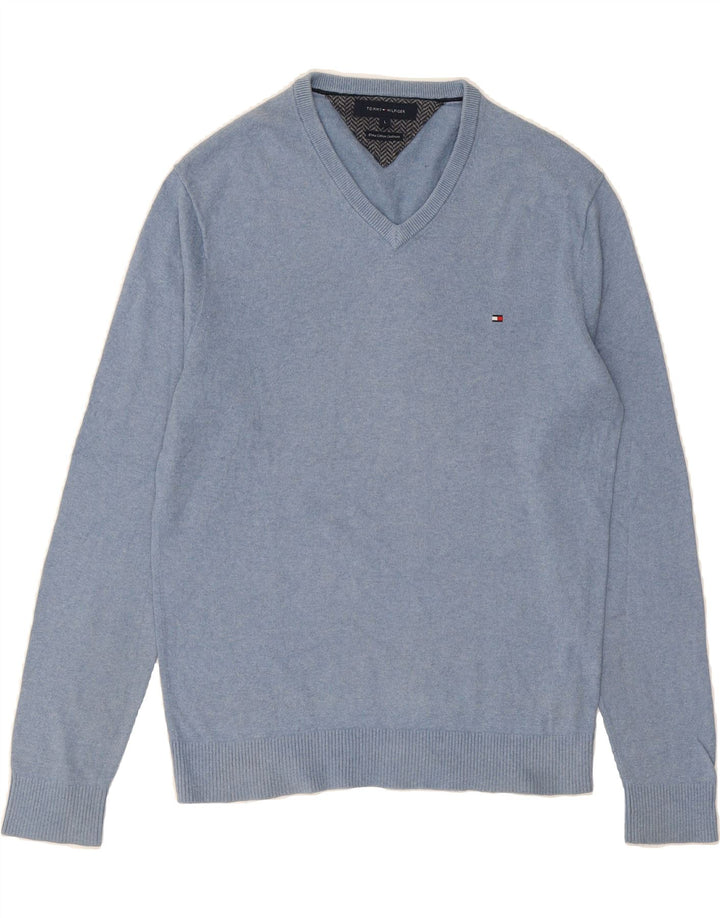 TOMMY HILFIGER Mens V-Neck Jumper Sweater Large Blue Cotton Vintage Tommy Hilfiger and Second-Hand Tommy Hilfiger from Messina Hembry 
