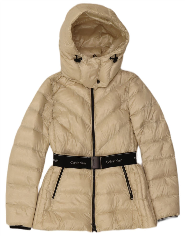 Jaqueta feminina acolchoada gráfica Calvin Klein UK 10 pequena off white colorblock