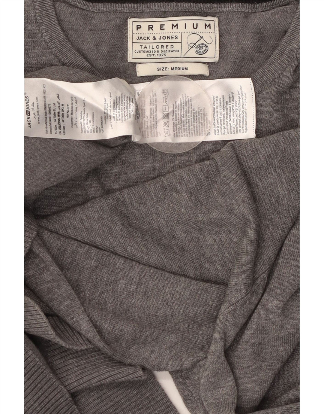 Suéter masculino JACK & JONES com gola redonda sob medida, algodão cinza médio