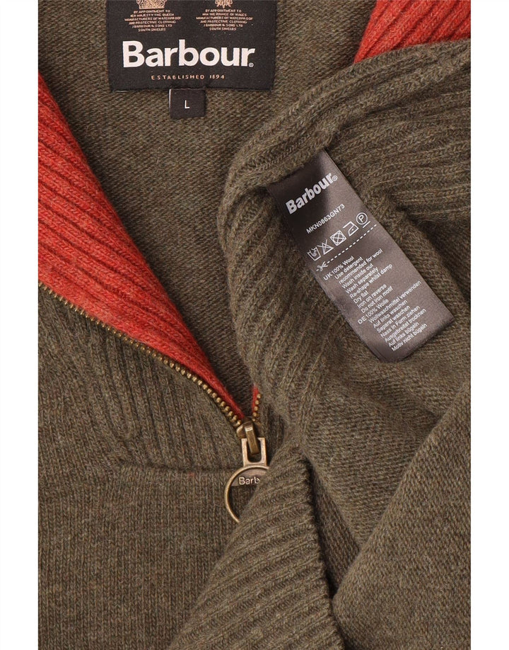 Suéter masculino Barbour com zíper e gola grande de lã cáqui