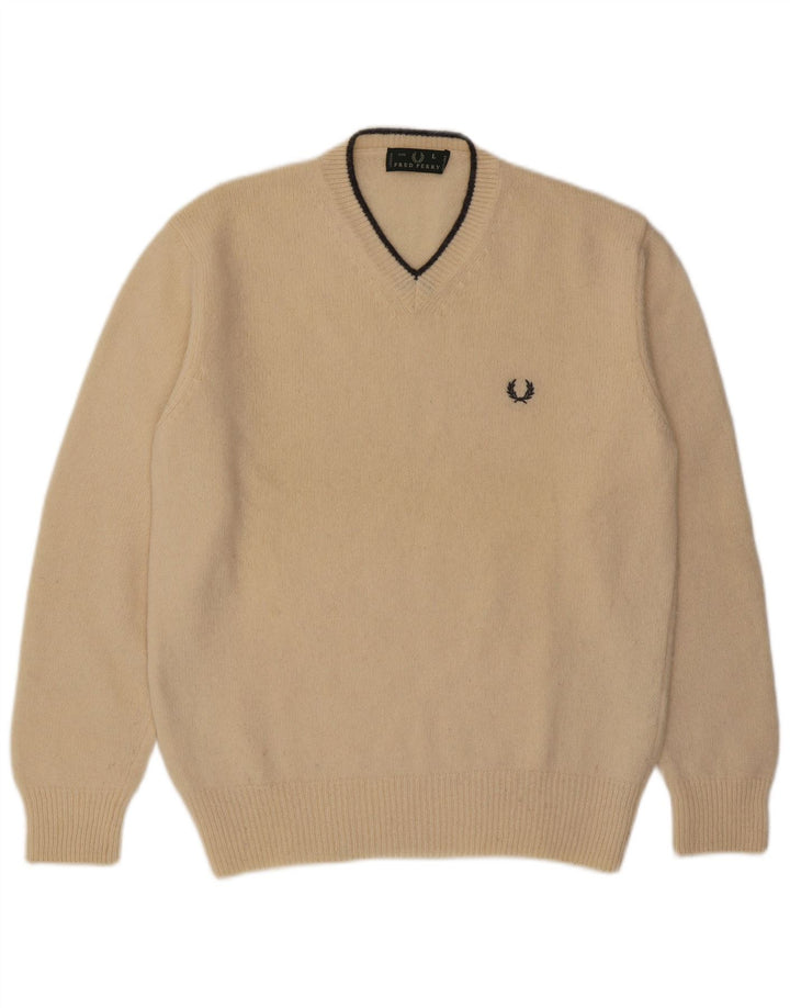 Suéter masculino Fred Perry com decote em V grande lã bege