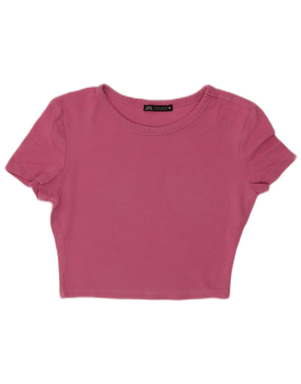 Zara Camiseta Feminina Crop Top UK 8 Pequeno Algodão Rosa