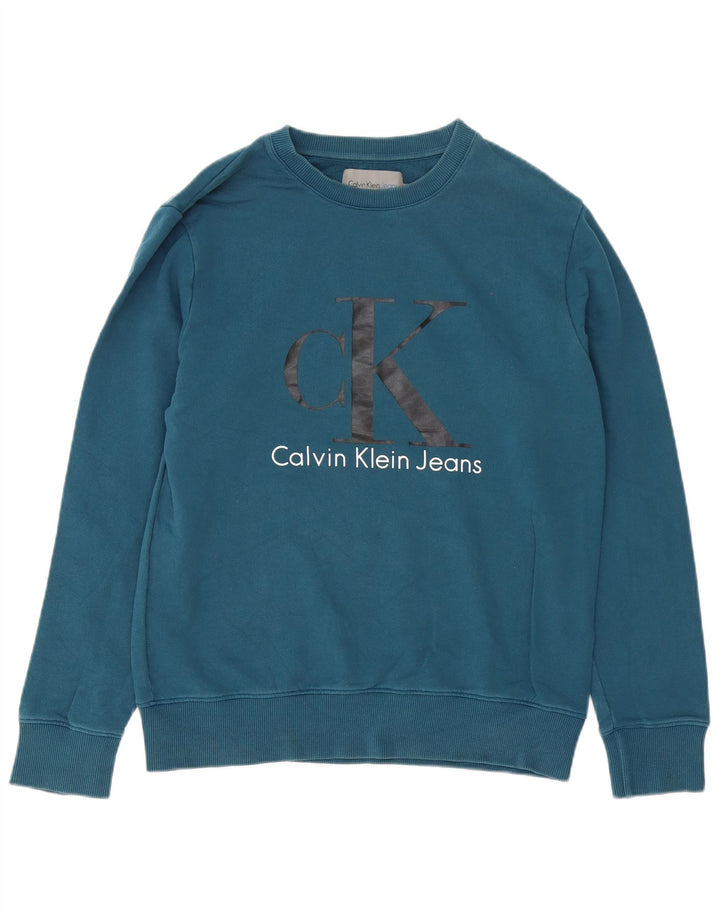 Calvin Klein Jeans Masculino moletom gráfico jumper médio azul algodão